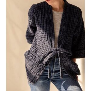 Oddbird Temel Jacket Indigo Cotton Pique Belted Textured Kimono Jacket S